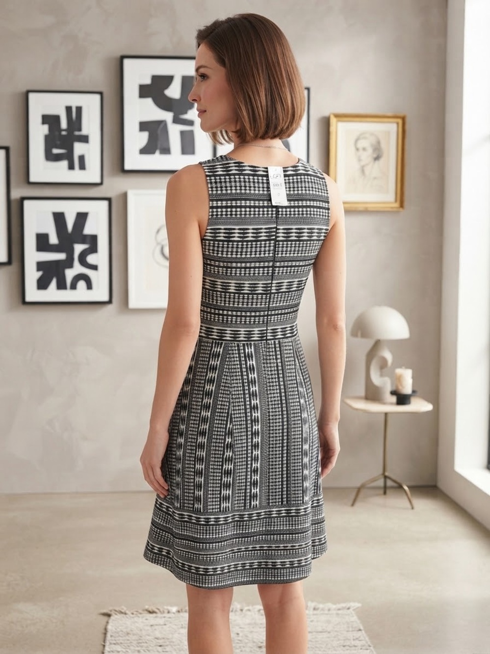 NWT LOFT Black White Geo Print Sleeveless A-Line Dress | Size 0 80.00 - Picture 2 of 4